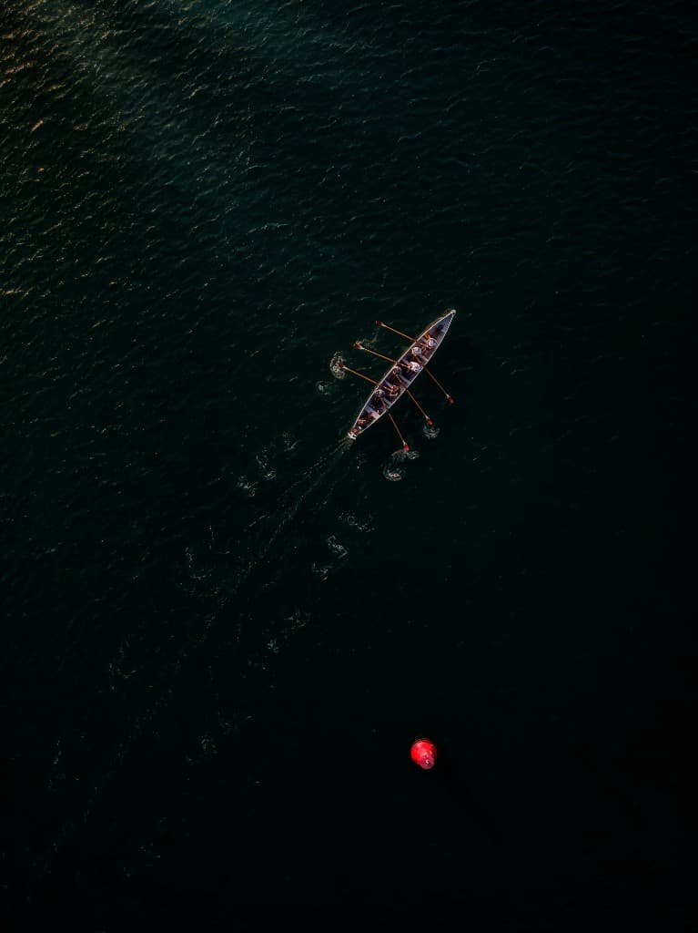 Overhead view of a rowing crew on dark water